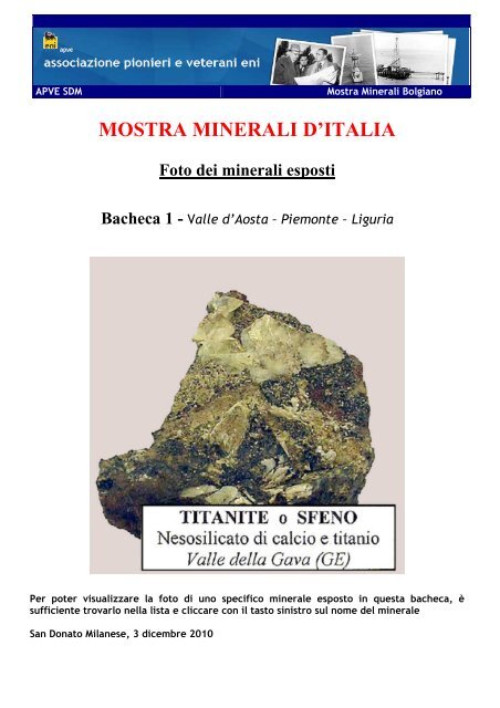 Minerali Mostra APVE Bacheca 1 - associazione pionieri e veterani eni