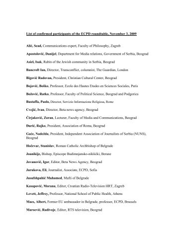 List of confirmed participants of the ECPD roundtable, November 3 ...