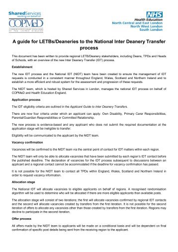 A guide to the National Inter Deanery Transfer ... - Northern Deanery