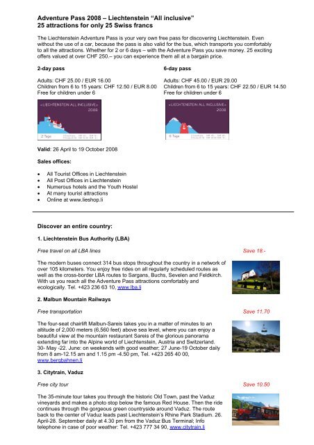 Adventure Pass 2008 – Liechtenstein “All inclusive” 25 attractions ...