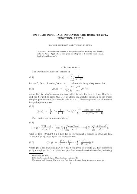 ON SOME INTEGRALS INVOLVING THE HURWITZ ZETA FUNCTION