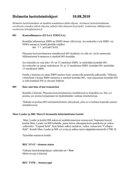 Helmet-luettelointiohjeesta - HelMet data API - Kirjastot.fi