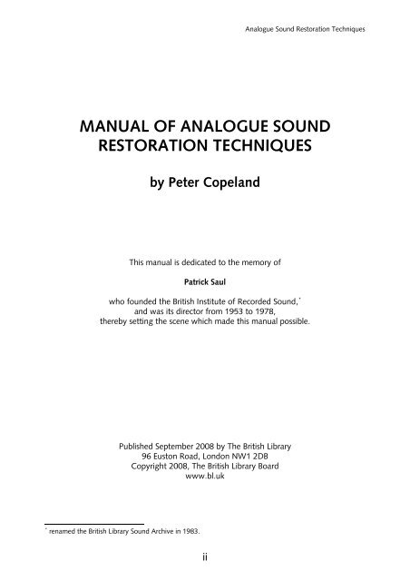 MANUAL OF ANALOGUE SOUND  RESTORATION ... - British Library