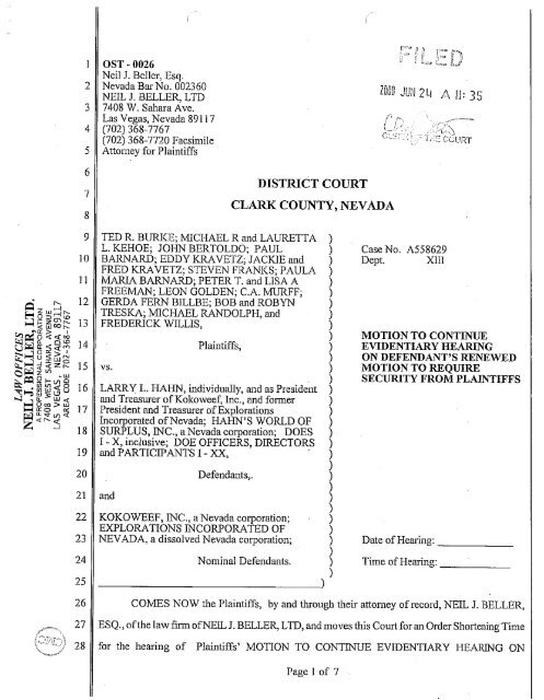 Motion to Continue Evidentiary Hearing on ... - kokoweef.com