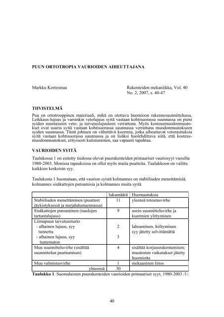 Puun ortotropia vaurioiden aiheuttajana - Rakenteiden mekaniikan ...
