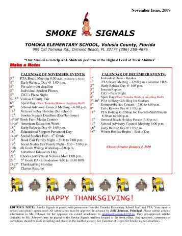 SMOKE SIGNALS HAPPY THANKSGIVING! - Tomoka Elementary PTA