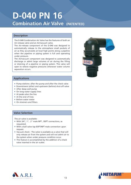 D-040 PN 16 Combination Air Valve - Netafim