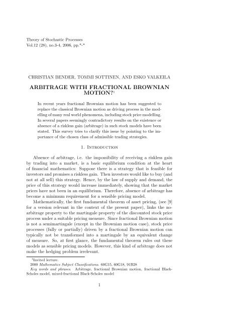 ARBITRAGE WITH FRACTIONAL BROWNIAN MOTION?1 - Helsinki.fi