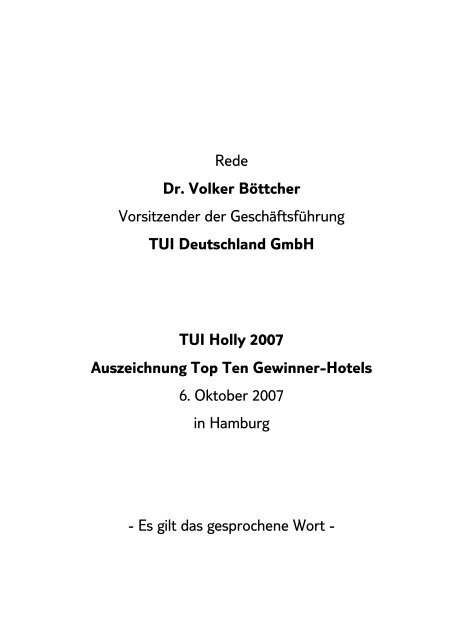 Rede Dr. Volker Böttcher Vorsitzender der ... - TUI Deutschland