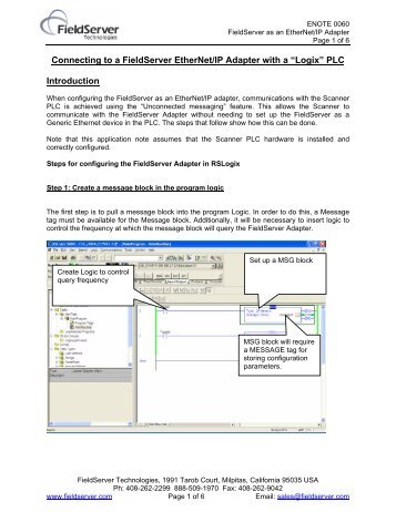 Connecting to a FieldServer EtherNet/IP Adapter with a “Logix” PLC ...