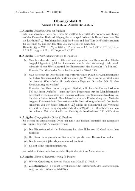 Übung 3 - Astrophysik an der Universität Potsdam