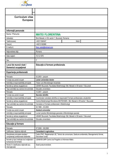 Curriculum vitae Europass - Facultatea de Biotehnologii