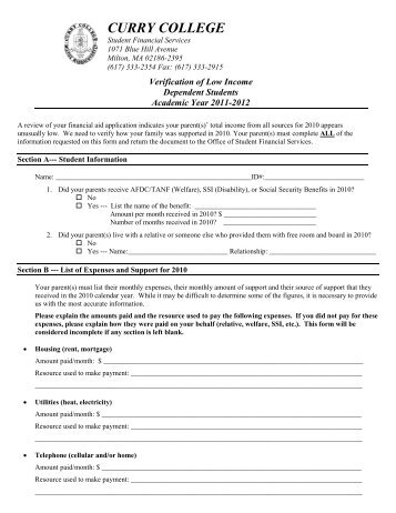 Low Income Verification Form - Curry College