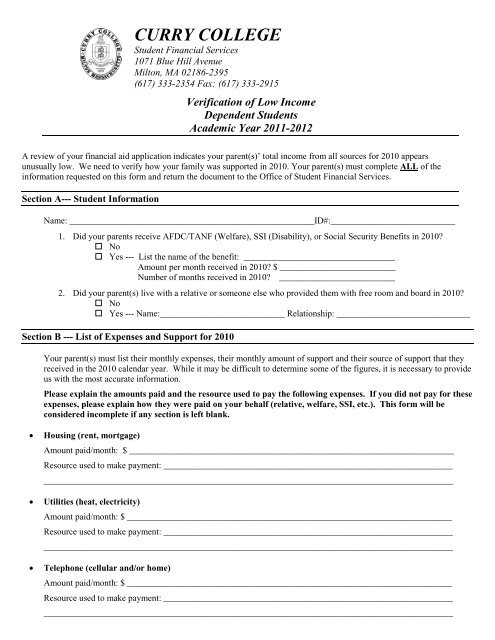 Low Income Verification Form - Curry College