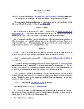 DECRETO 2622 DE 2009 - Ministerio de Relaciones Exteriores