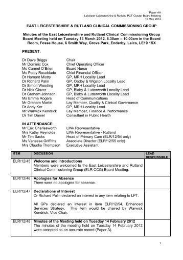 EAST LEICESTERSHIRE & RUTLAND CLINICAL COMMISSIONING ...