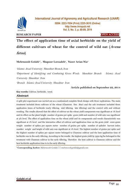 The effect of application time of axial herbicide on the yield of different cultivars of wheat for the control of wild oat (Avena fatua)