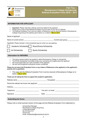 Renaissance College Scholarship Referee Evaluation Form 2010