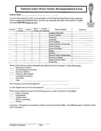National Junior Honor Society Recommendation Form