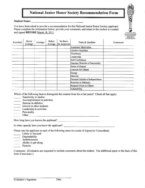 National Junior Honor Society Recommendation Form