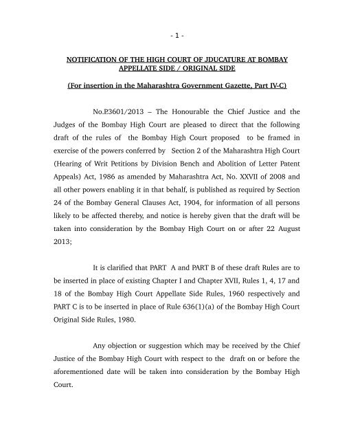 Draft Of The Rules Of The Bombay High Court Proposed To Be Framed