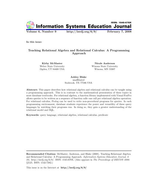 Teaching Relational Algebra and Relational Calculus: A ...