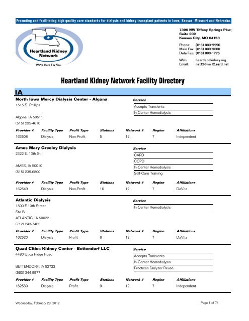Heartland Kidney Network Facility Directory