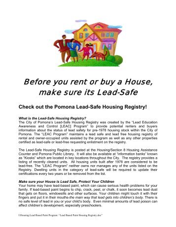 Lead Based Paint Housing Registry - City of Pomona