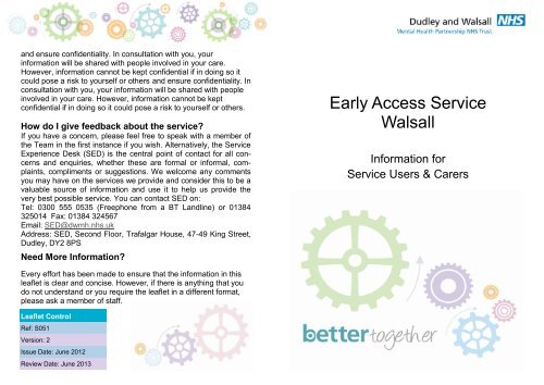 Early Access Service Walsall - Dudley and Walsall - Mental Health ...