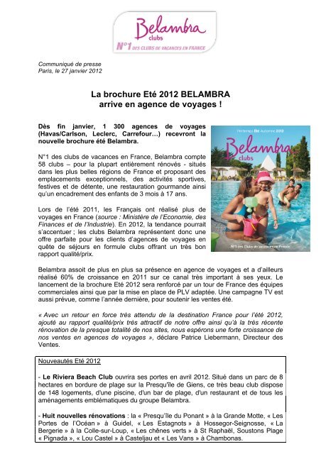 La brochure EtÃ© 2012 BELAMBRA arrive en agence de voyages !