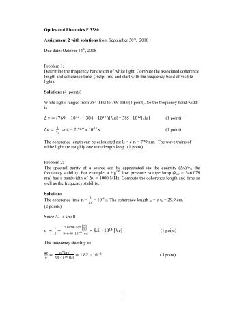 Optics and Photonics P 3380 Assignment 2 with solutions from ...