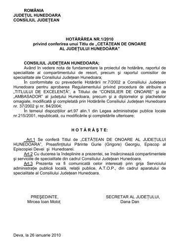Arhiva Hotarari CJ Hunedoara 2010 - Consiliul Judetean Hunedoara