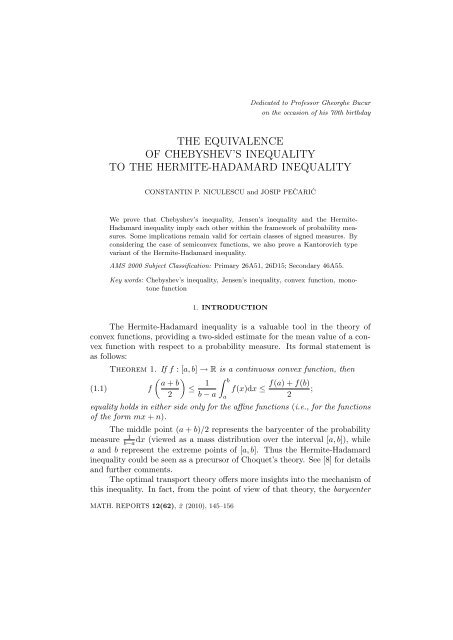 the equivalence of chebyshev's inequality to the hermite-hadamard ...