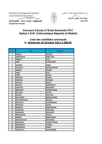Liste des candidats convoquÃ©s le - UniversitÃ© Amar Telidji Laghouat