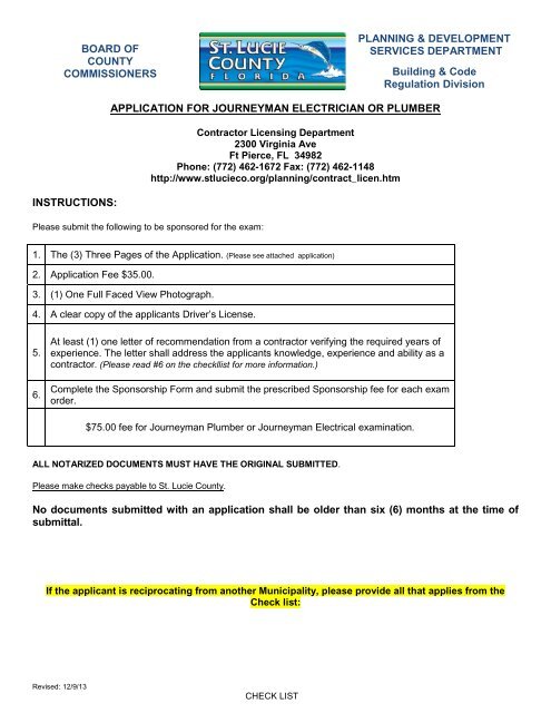 Application for Journeyman - St. Lucie County