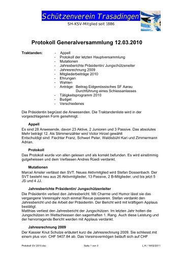 Protokoll der Generalversammlung 2010 - Trasadingen