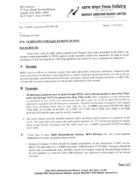 Guidelines for safe banking in BSNL 17-10-12 - NFTE