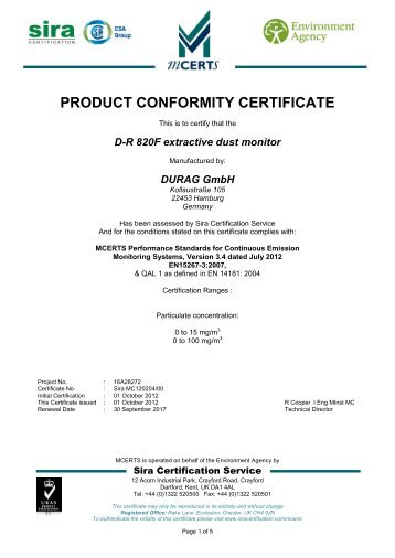 PRODUCT CONFORMITY CERTIFICATE - Sira Environmental