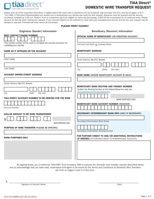 Domestic Wire Transfer Form (PDF) - TIAA-CREF