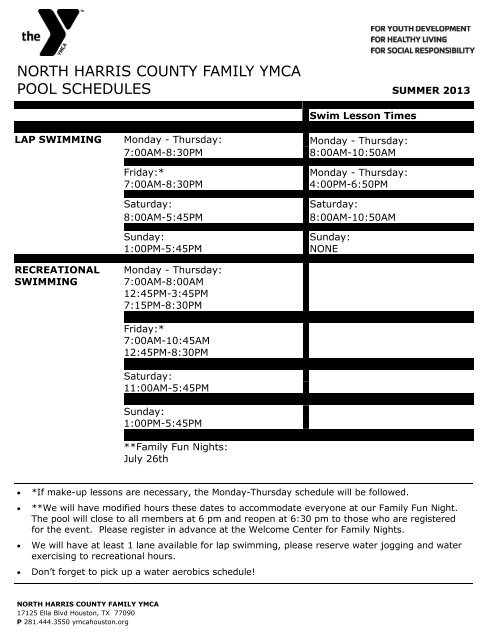 family ymca pool schedule