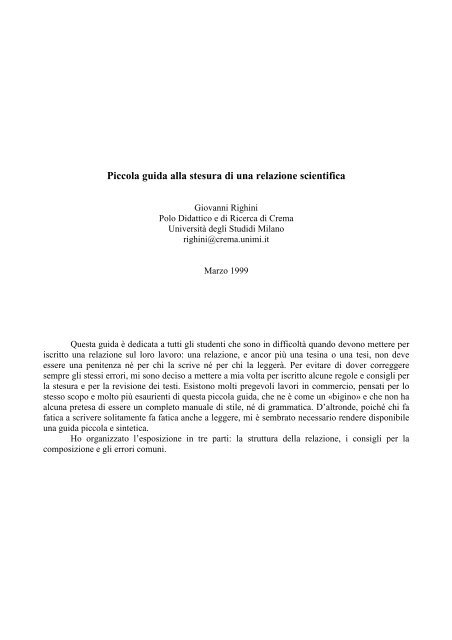 Piccola guida alla stesura di una relazione scientifica - Mario Valle