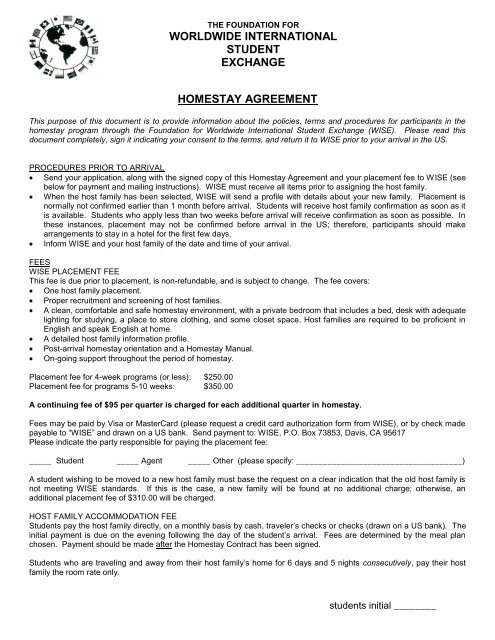 HOMESTAY AGREEMENT - WISE - Worldwide International Student ...