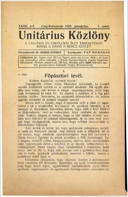 1922 - MagyarorszÃ¡gi UnitÃ¡rius EgyhÃ¡z