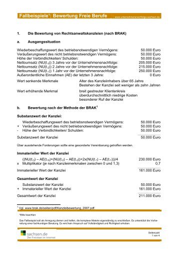 Fallbeispiele Bewertung freiberuflicher Unternehmen