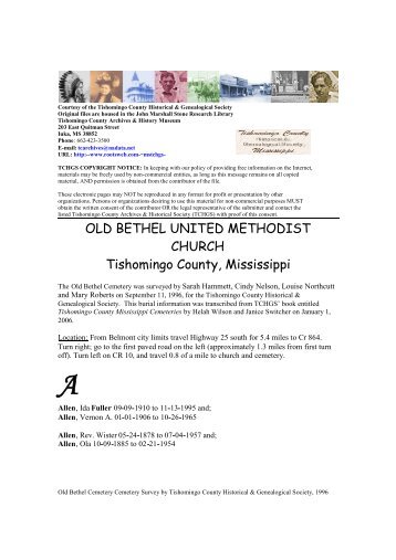OLD BETHEL UNITED METHODIST CHURCH Tishomingo County ...