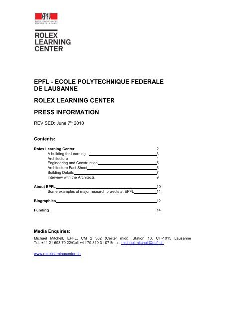press kit - Rolex Learning Center | EPFL