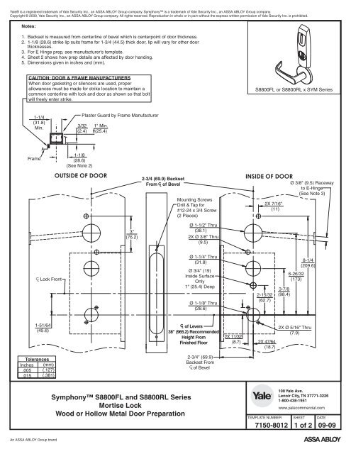 Manufacturer's Template for YALE Symphony Mortise Lock