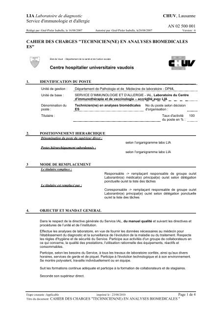 Cahier Des Charges Service D Immunologie Et D Allergie Cahier Des Charges Service D Immunologie Et D Allergie