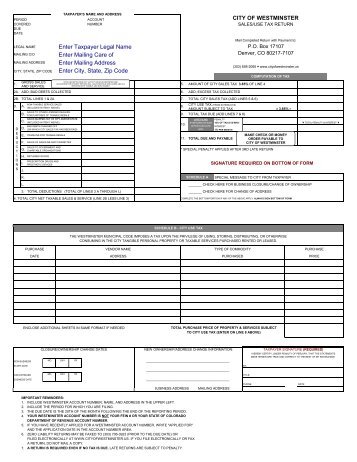 Sales & Use Tax Return - City of Westminster