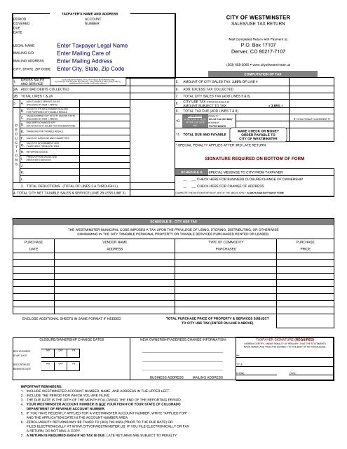 Sales & Use Tax Return - City of Westminster